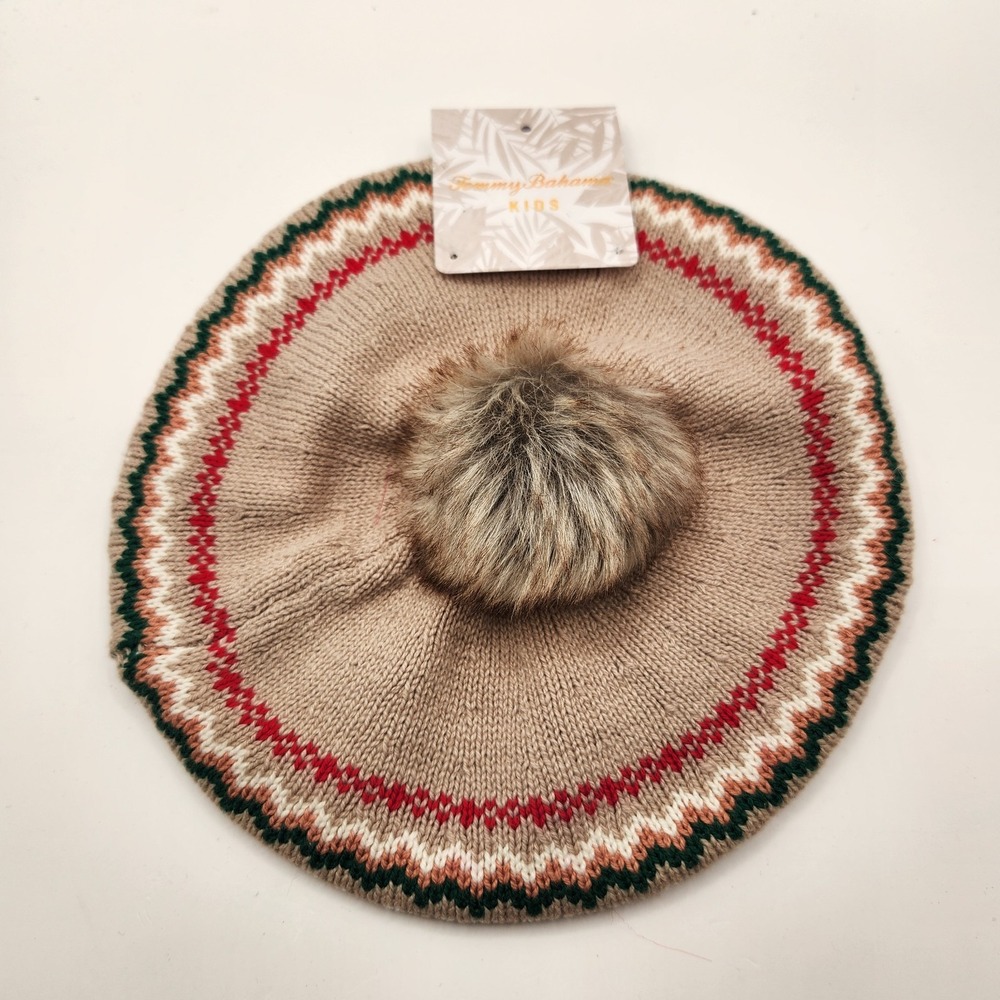 New Tommy Bahama Kids Fair Isle Beret Hat 24 M 24M Toddler Tan Faux Fur Pom Bow